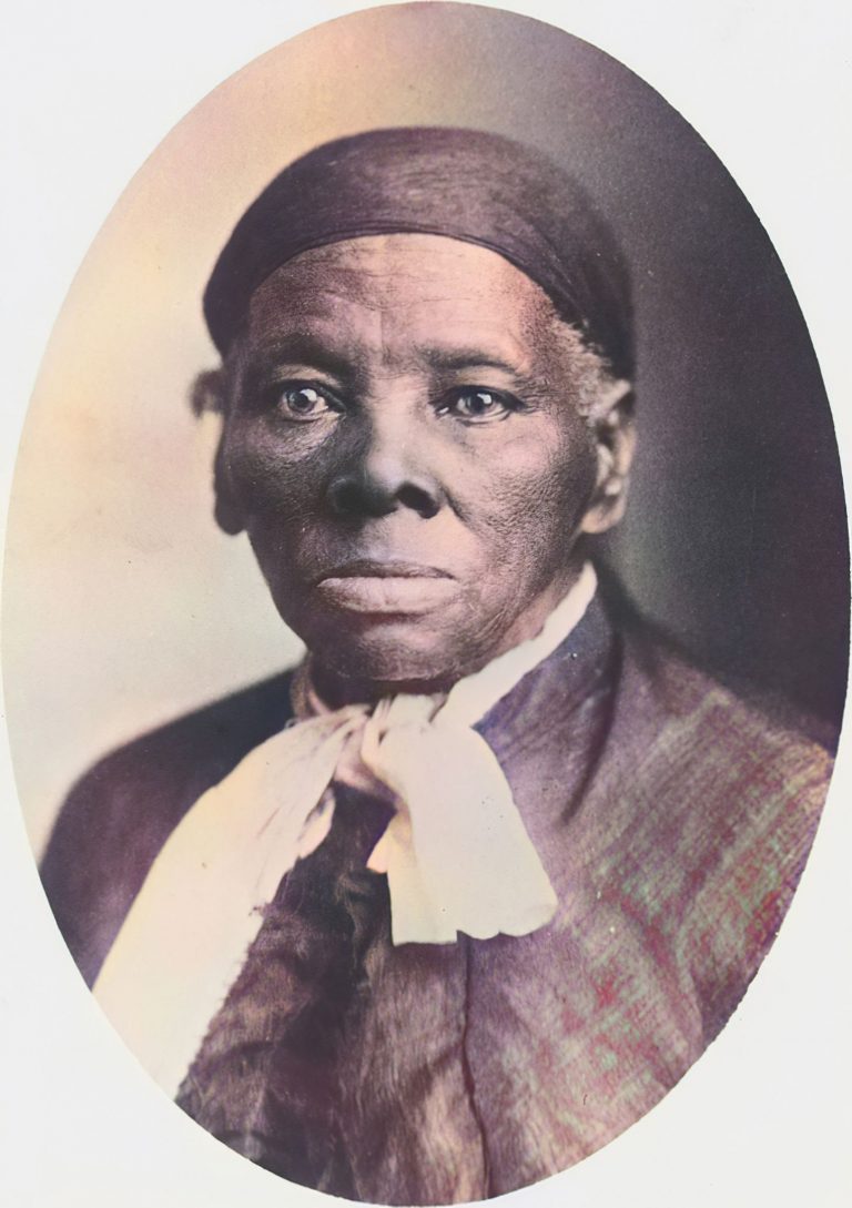 Studio portrait of American abolitionist Harriet Tubman, wearing a necktie, a scarf on her head, and facing the camera with a serious expression, photographed by Tabby Studios in Auburn, New York, 1885. Note: Image has been digitally colorized using a modern process. Colors may not be period-accurate. From the Gado Modern Color series. (Photo by Gado/Getty Images)